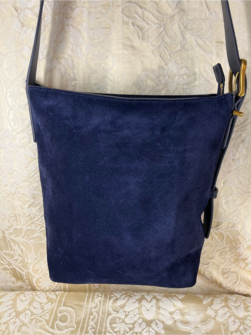Quince Italian Suede Leather Bucket Shoulder Bag Midnight Blue Adjustable Strap - Picture 3 of 7